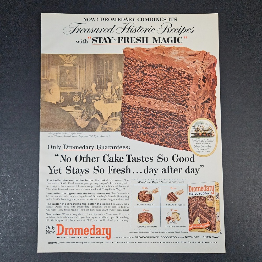 1957 Dromedary Cake Mix Teddy Roosevelt Trophy Room Vintage Print Ad Oyster Bay
